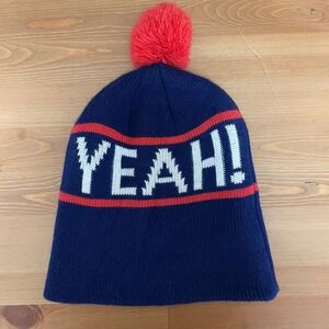 Glamour Kills HELL YEAH! Navy Blue Knit Beanie Hat w/ Red Trim Pom Pom Winter OS